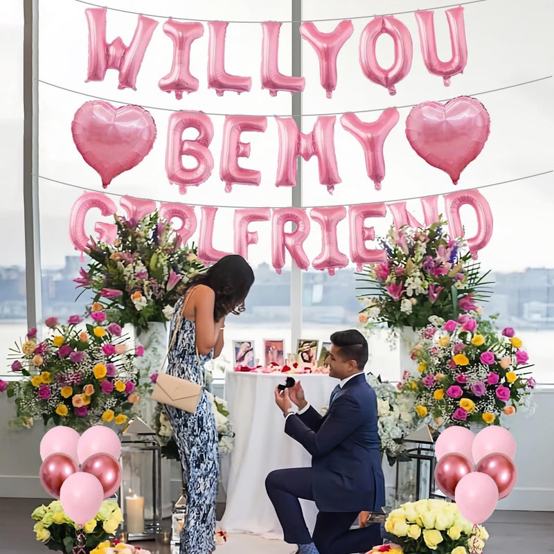 MXQHXZSX Pink 16" Will You Be My Girlfriend Balloons Letters - 18" Heart Balloons Alphabet Foil Mylar Balloons with 1200 Pcs Artificial Rose Petals for Valentines Day Decorations - Image 4