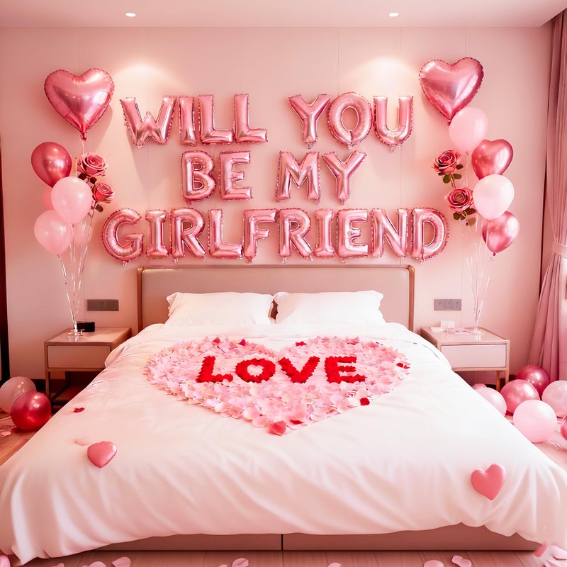 MXQHXZSX Pink 16" Will You Be My Girlfriend Balloons Letters - 18" Heart Balloons Alphabet Foil Mylar Balloons with 1200 Pcs Artificial Rose Petals for Valentines Day Decorations - Image 1