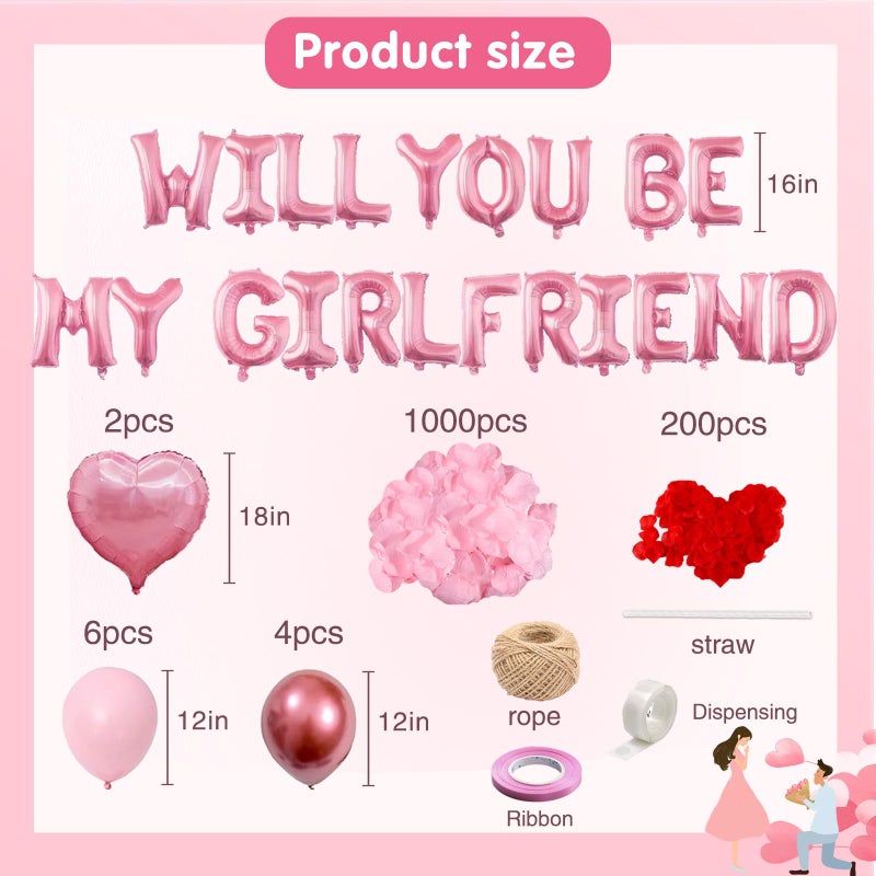 MXQHXZSX Pink 16" Will You Be My Girlfriend Balloons Letters - 18" Heart Balloons Alphabet Foil Mylar Balloons with 1200 Pcs Artificial Rose Petals for Valentines Day Decorations - Image 2