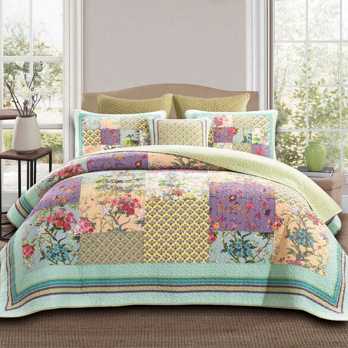 QUILTS QUEEN SIZE PATCHWORK BEDSPREAD SET 100 COTTON REVERSIBLE BREATHABLE COLORFUL FLORAL QUILTED QUILT WITH PILLOW SHAMS FIT ALL SEASONS