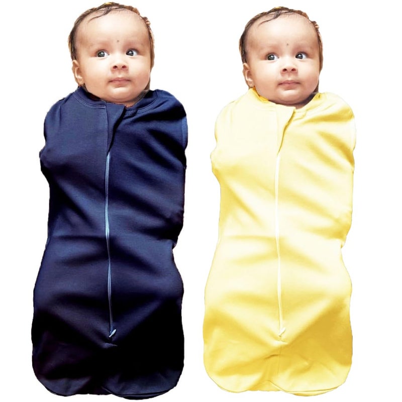 MammaChamp Zipper Swaddle POD Sleeping Bag Blankets Wrap Sack for Newborn Infant Baby 0-3 Months (Pack-of 2) (Yellow+Dark Blue) - Image 1