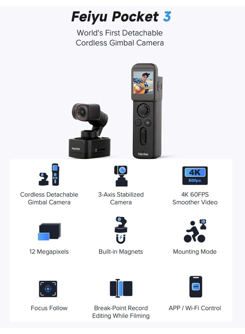FeiyuTech FeiyuTech Feiyu Pocket 3 Kit Camera 4K Video Recorder Wireless Detachable 3-Axis Gimbal, 1/2.3" CMOS, 130°FOV, Magnetic, Extreme Sports/Car/Travel, Vlog YouTube TikTok (Remote Control)  - Image 3