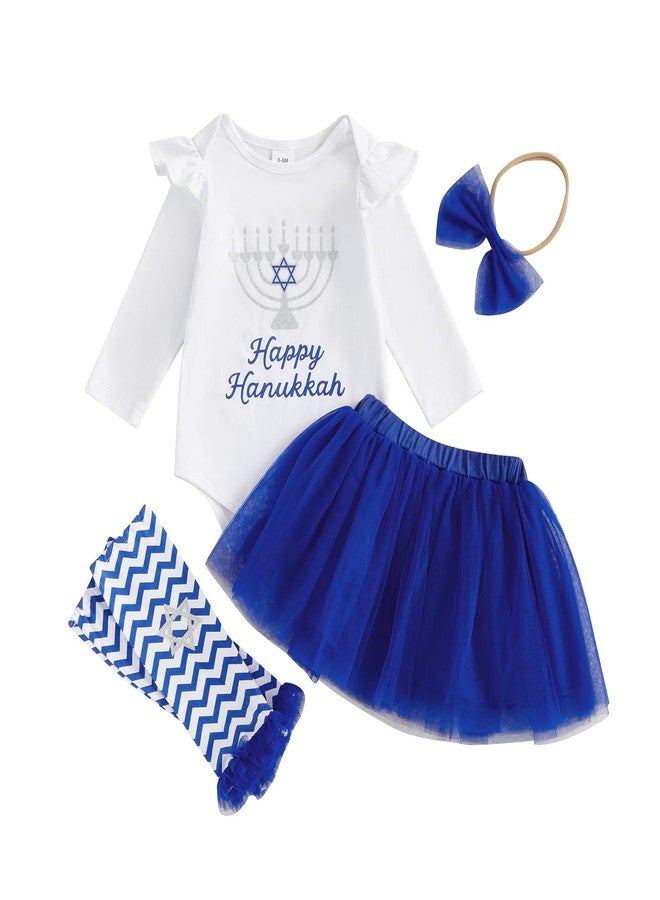 DNOMAID YZARC Baby Girl Hanukkah Outfit Long Sleeve Romper Tulle Skirt Headband Leg Warmers Set Newborn Chanukah Clothes (Blue-1, 0-3 Months) - Image 1