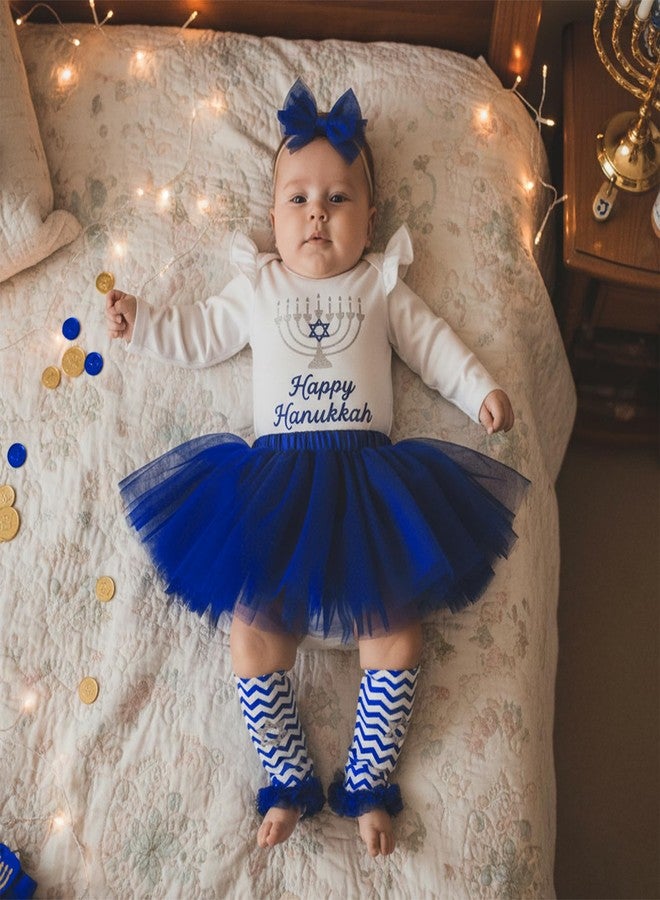 DNOMAID YZARC Baby Girl Hanukkah Outfit Long Sleeve Romper Tulle Skirt Headband Leg Warmers Set Newborn Chanukah Clothes (Blue-1, 0-3 Months) - Image 2