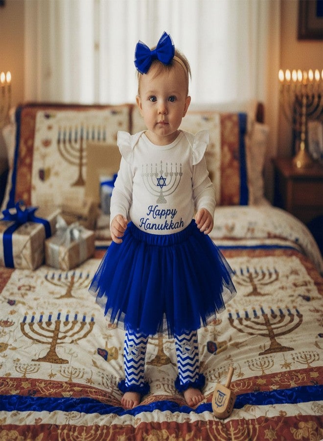 DNOMAID YZARC Baby Girl Hanukkah Outfit Long Sleeve Romper Tulle Skirt Headband Leg Warmers Set Newborn Chanukah Clothes (Blue-1, 0-3 Months) - Image 3