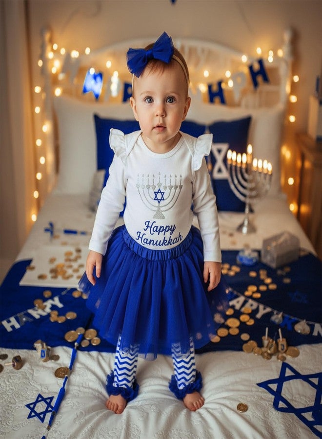 DNOMAID YZARC Baby Girl Hanukkah Outfit Long Sleeve Romper Tulle Skirt Headband Leg Warmers Set Newborn Chanukah Clothes (Blue-1, 0-3 Months) - Image 4