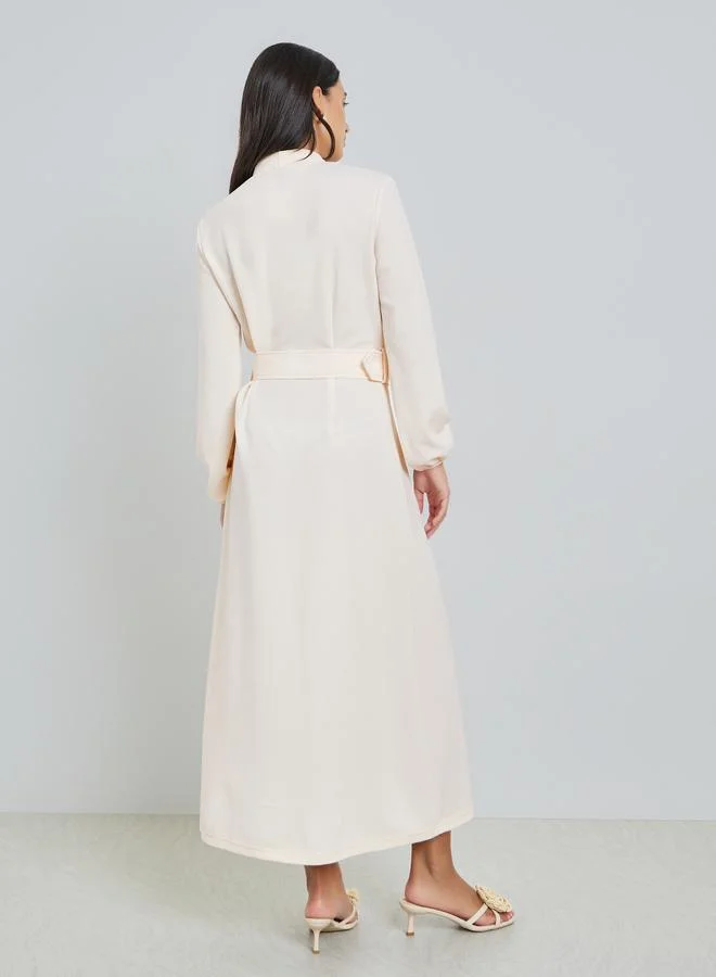 Styli Beige Buttoned A-Line Maxi Dress with Belt