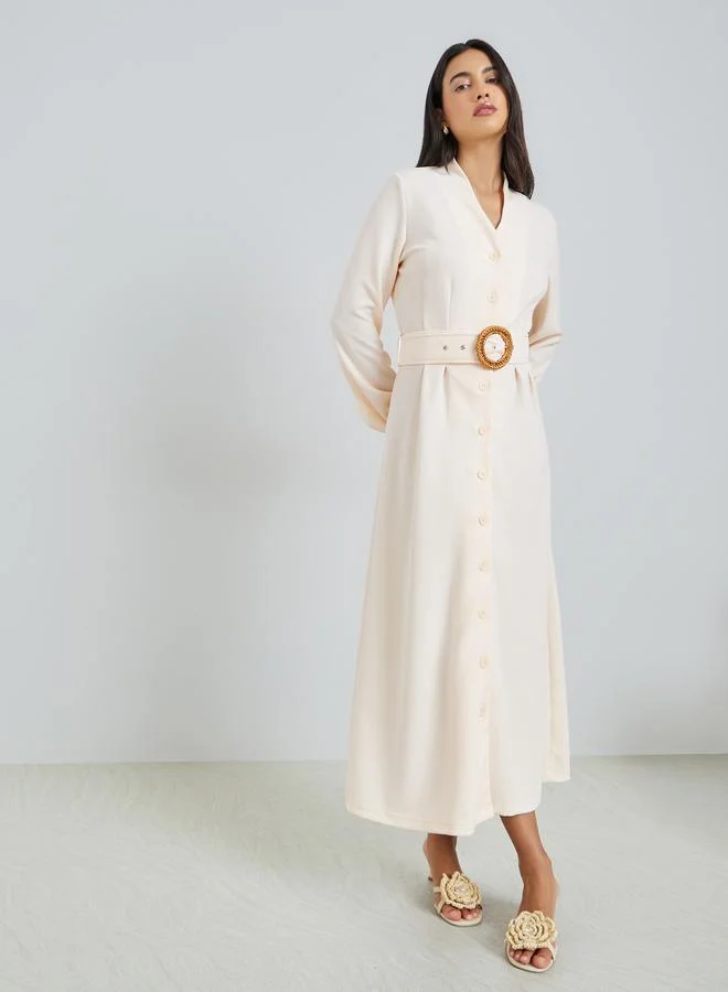Styli Beige Buttoned A-Line Maxi Dress with Belt