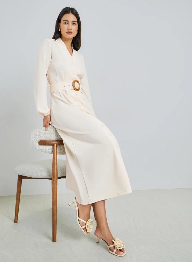 Beige Buttoned A-Line Maxi Dress with Belt