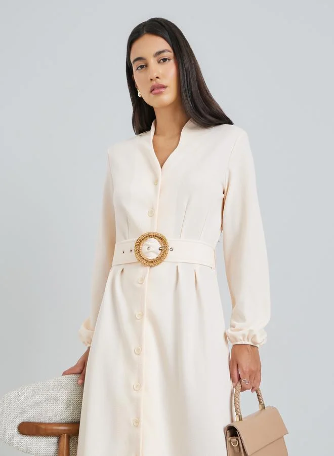 Styli Beige Buttoned A-Line Maxi Dress with Belt