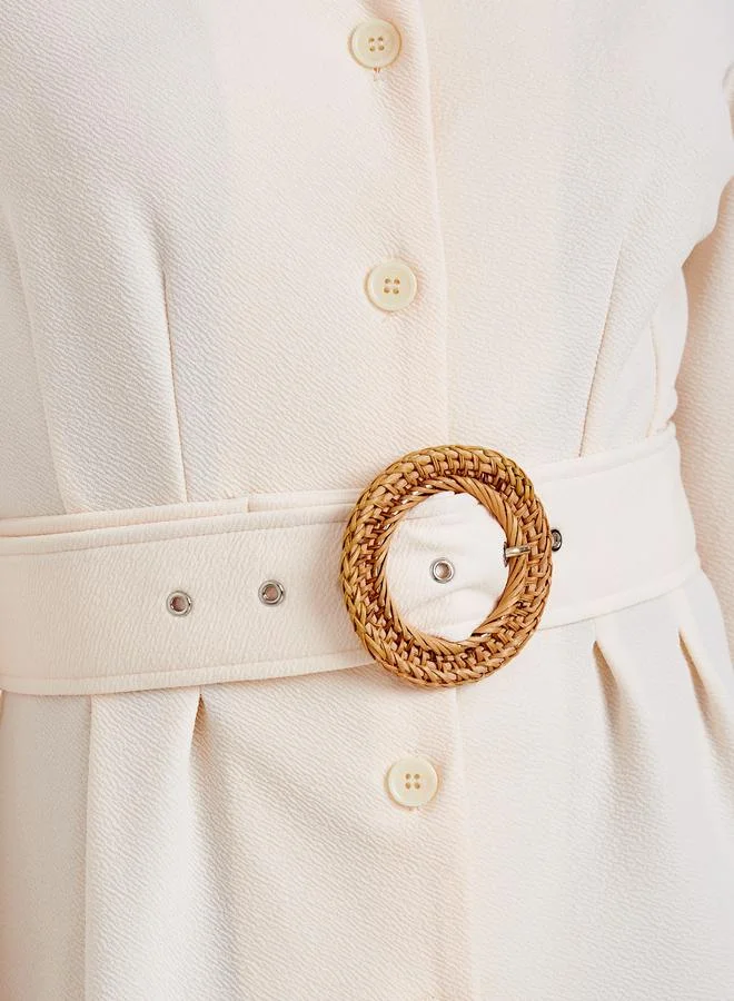 Styli Beige Buttoned A-Line Maxi Dress with Belt