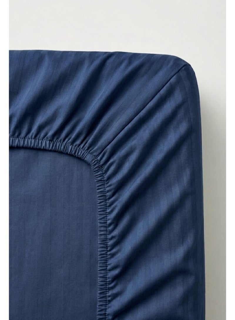 My Cotton 2-Piece Microfiber Single Fitted Sheet Set – Navy Blue  Striped 90×190 cm with Full Elastic & 1 Pillowcase - Image 2