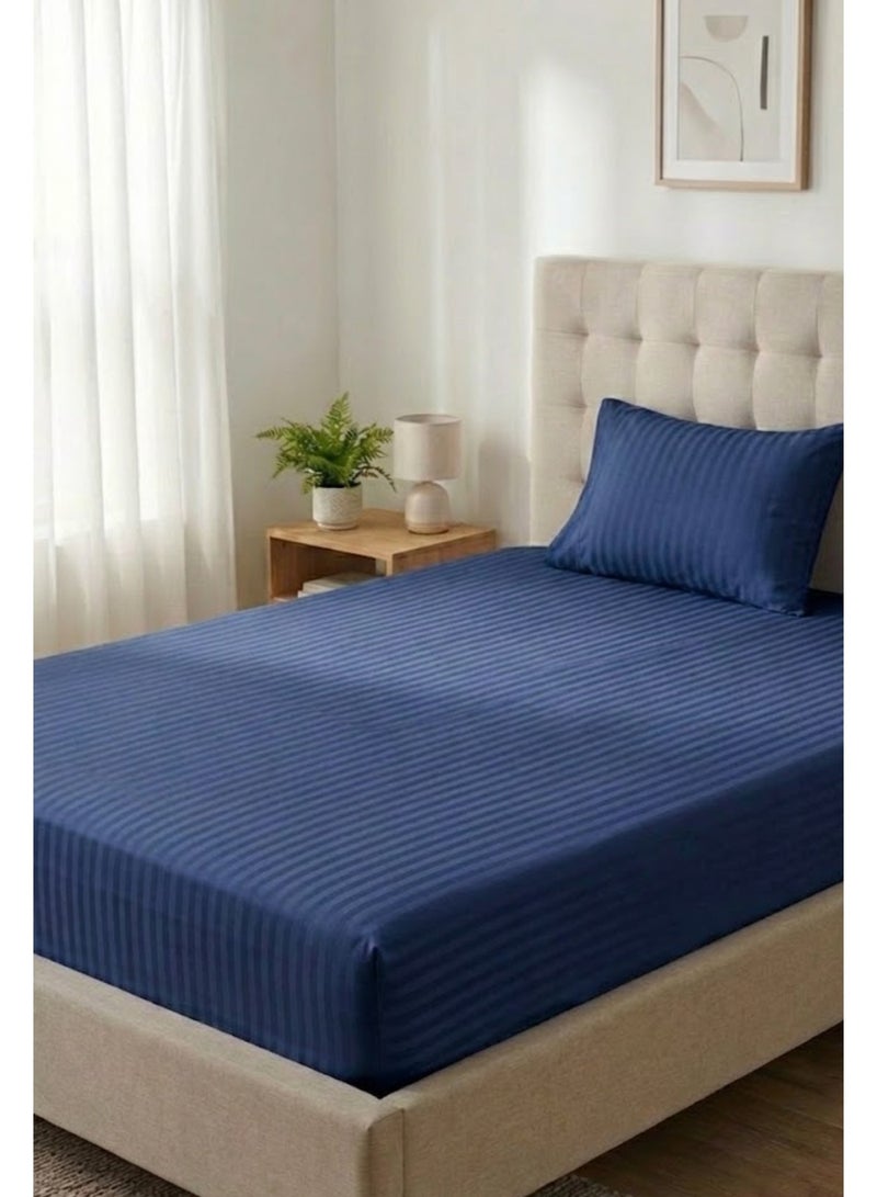 My Cotton 2-Piece Microfiber Single Fitted Sheet Set – Navy Blue  Striped 90×190 cm with Full Elastic & 1 Pillowcase - Image 1
