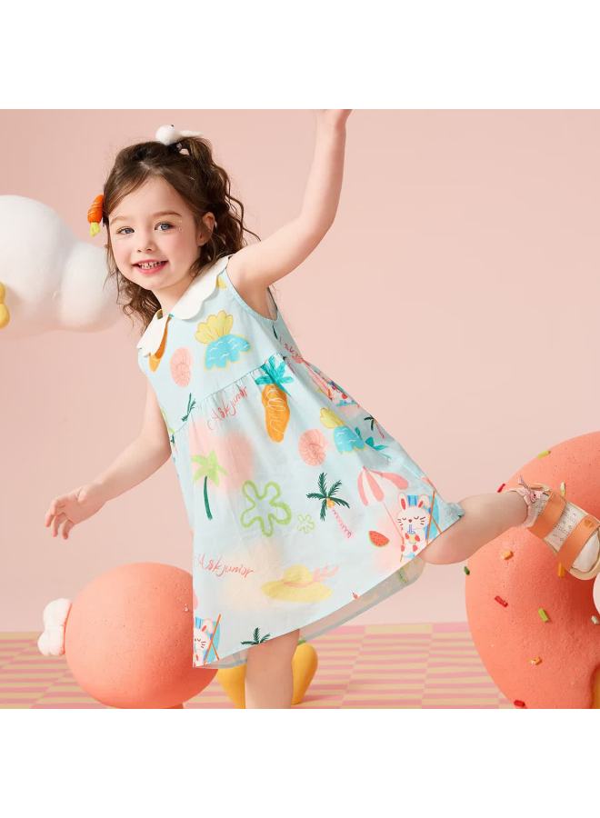 Ask Junior Forest-themed Children's Dress, Summer Toddler Doll Collar Dress, Girls' Sleeveless Vest Dress, Floral Pattern, Size 120