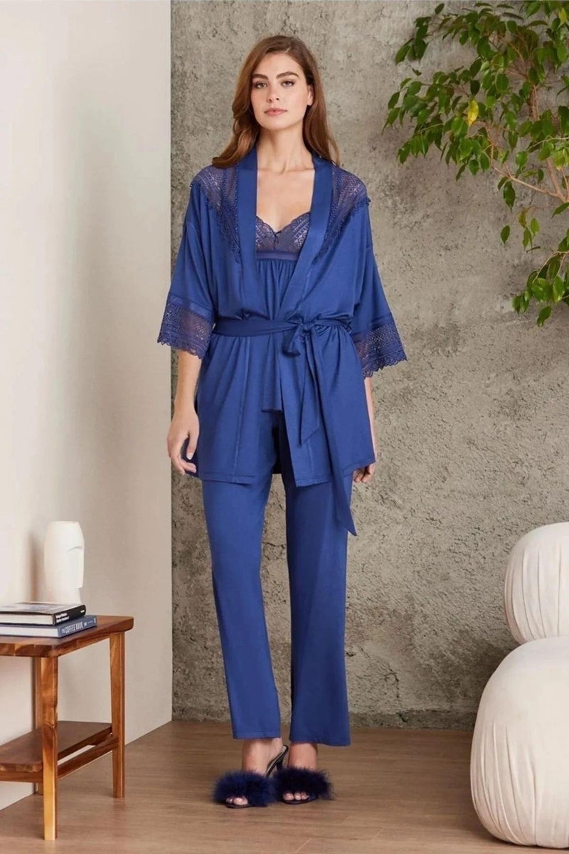 pierre cardin 2820 Women's Combed Cotton Lace Pajama Set with Dressing Gown - Navy Blue  - Image 4