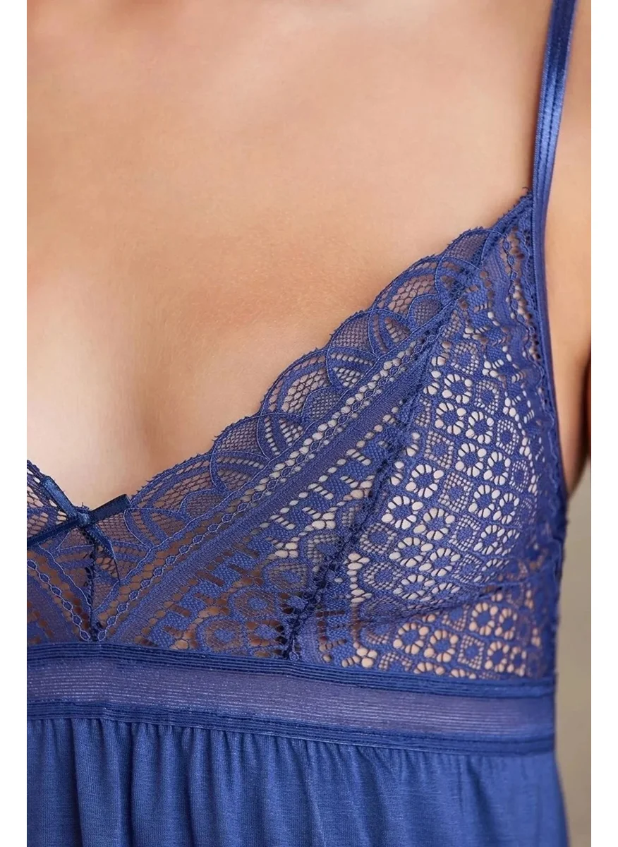بيير كاردان 2820 Women's Combed Cotton Lace Pajama Set with Dressing Gown - Navy Blue
