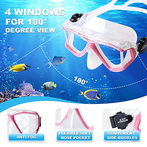 EXP VISION Snorkel Set Pano 4 Adult Snorkeling Gear Professional AntiFog Snorkel Mask Dry Top Snorkel Tempered Glass Scuba Diving Mask for Freediving Snorkeling and Swimming Pink Snorkel Set - Image 3