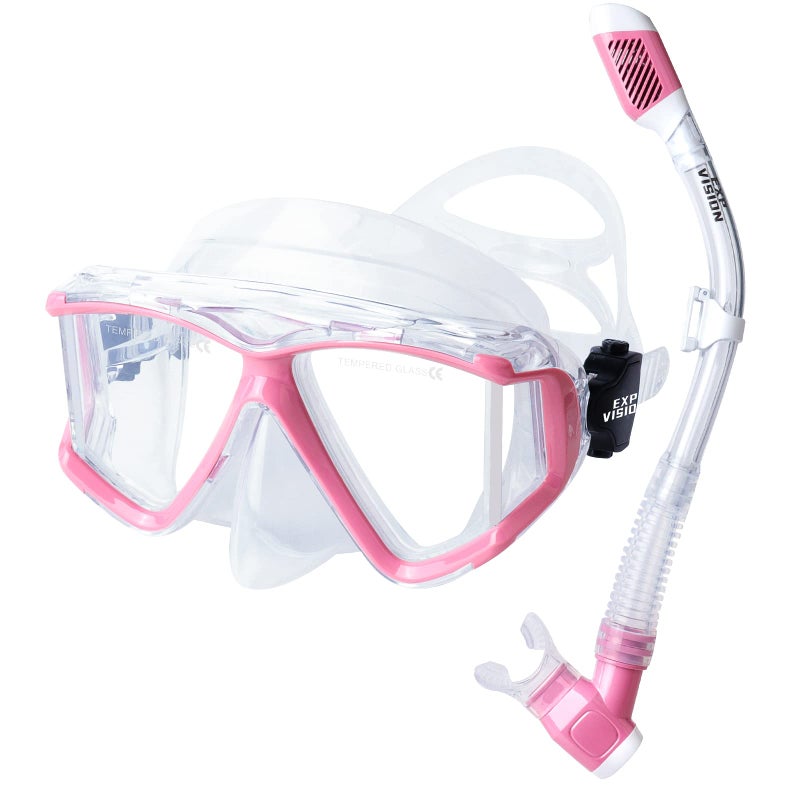 EXP VISION Snorkel Set Pano 4 Adult Snorkeling Gear Professional AntiFog Snorkel Mask Dry Top Snorkel Tempered Glass Scuba Diving Mask for Freediving Snorkeling and Swimming Pink Snorkel Set - Image 2