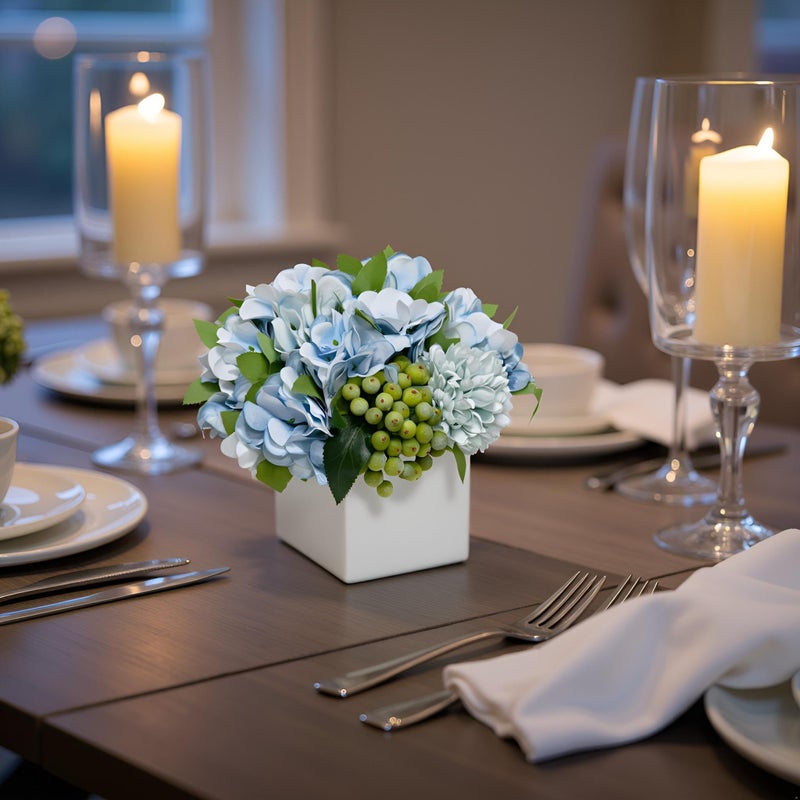 LADADA Fake Flowers in Ceramic Vase,Faux Hydrangea Flower Arrangements for Home Decor Artificial Flowers with Vase - Image 4