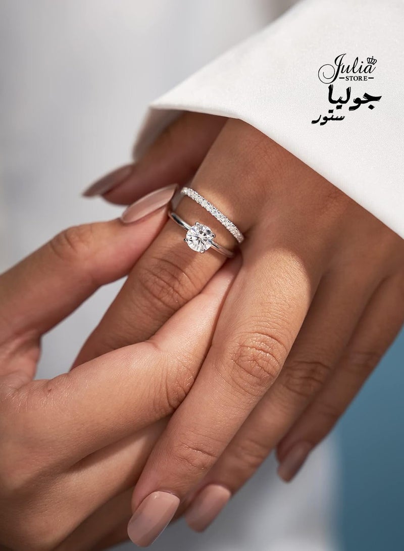 Julia Store 18K White Gold Plated Round Cut Trendy Luxury Eternal Love Solitaire 1.5 CT Cubic Zirconia Engagement Wedding Promise band Ring  - Image 3