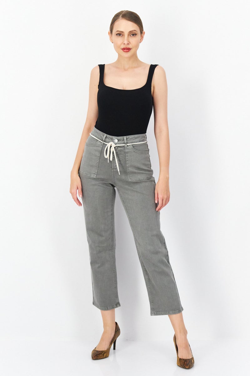 Zero Women Regular Fit Drawstring Washed Denim Jeans, Grey - Image 3