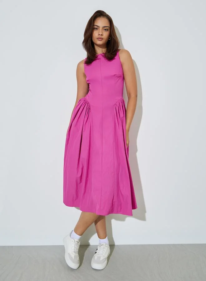 Styli Pink Sleeveless Midi Dress with Side Pleats