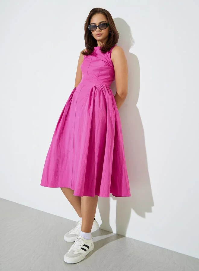 Styli Pink Sleeveless Midi Dress with Side Pleats