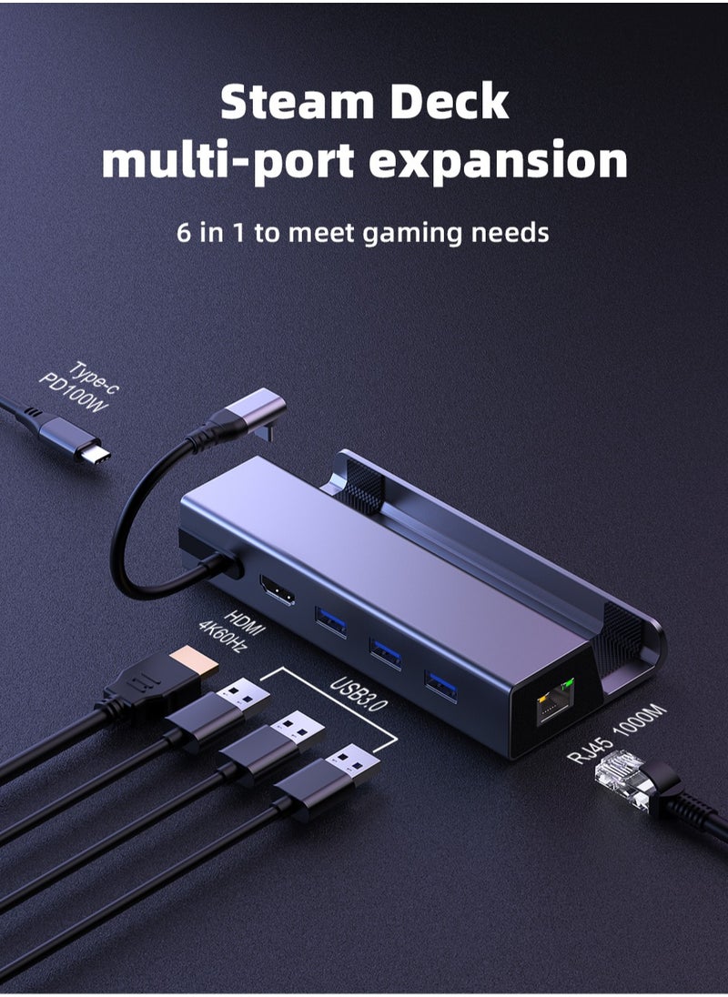 Generic - Docking Station, 6-in-1 Dock with HDMI 2.0 4K@60Hz, Gigabit Ethernet, 3 USB 3.0 and 100W USB C Charging Port for Steam Deck and Asus Rog Ally - Image 1