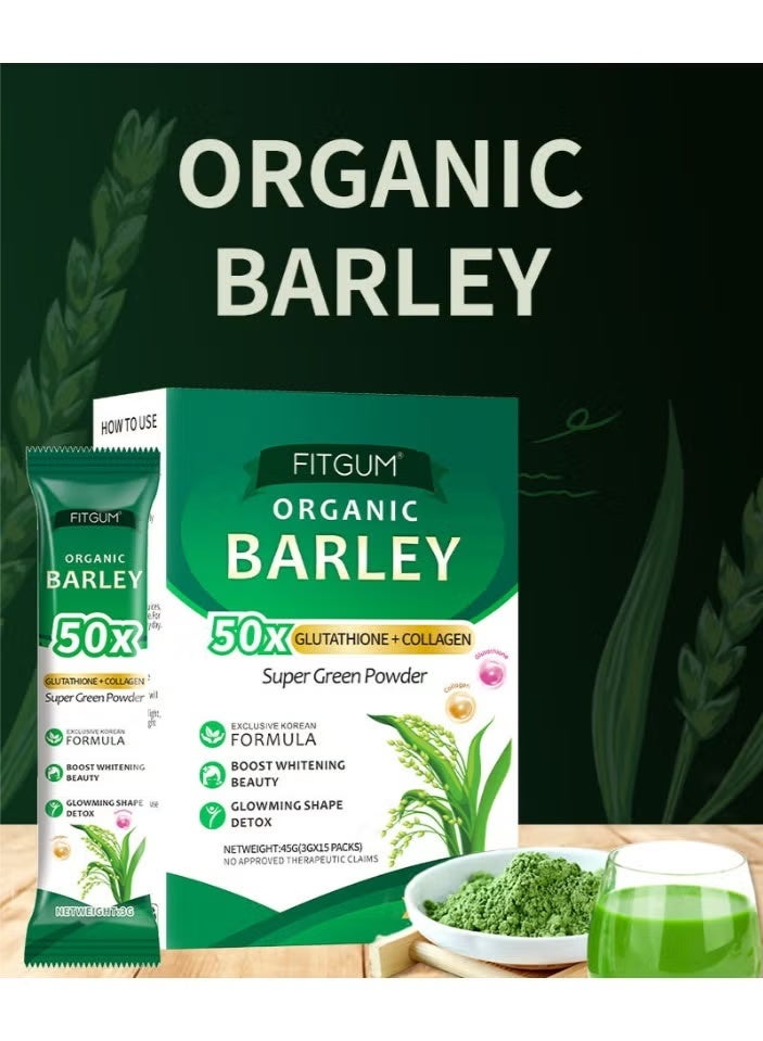 FITGUM Organic Barley Powder, Organic Pure Barley Flour,50X Glutathione+Collagen,Super Green Powder 3g*15bags - Image 2