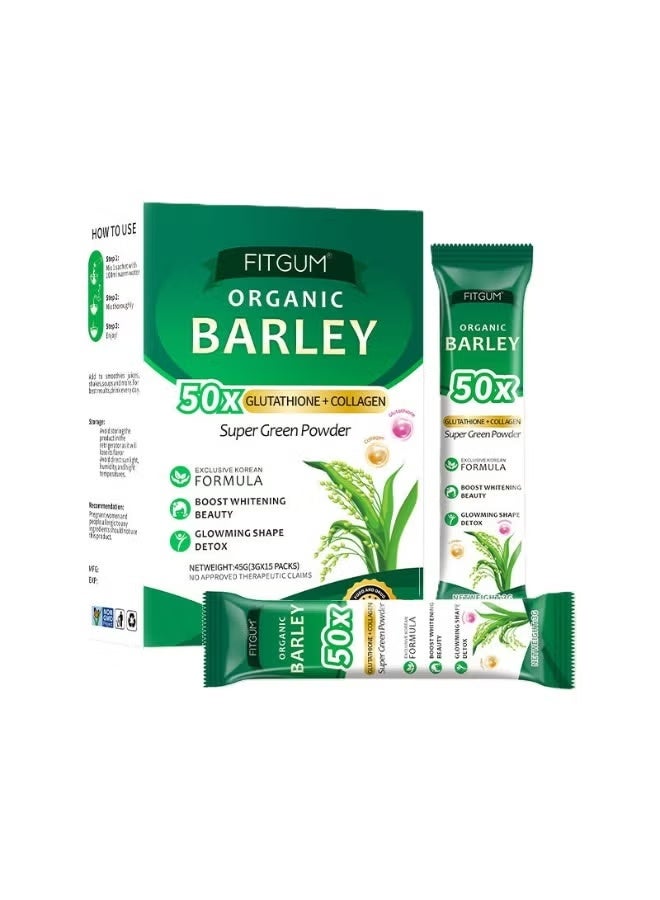 FITGUM Organic Barley Powder, Organic Pure Barley Flour,50X Glutathione+Collagen,Super Green Powder 3g*15bags - Image 1
