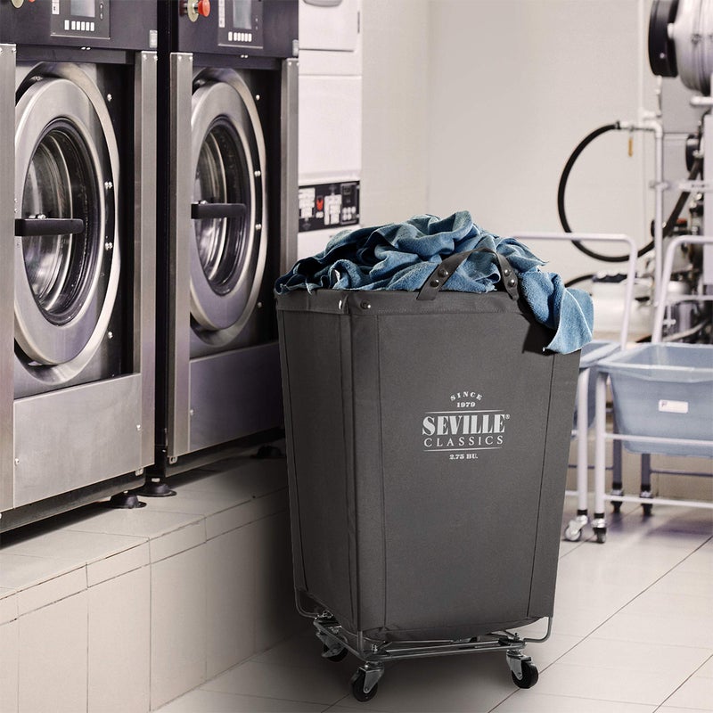 Seville Classics Large Commercial Heavy Duty Rolling Steel Frame Laundry Hamper Canvas Cart Bin, w/ Wheels for Hotel, Home, Closet, Bedroom (PATENTED), Gray, 18.1" D x 18.1" W - Image 4