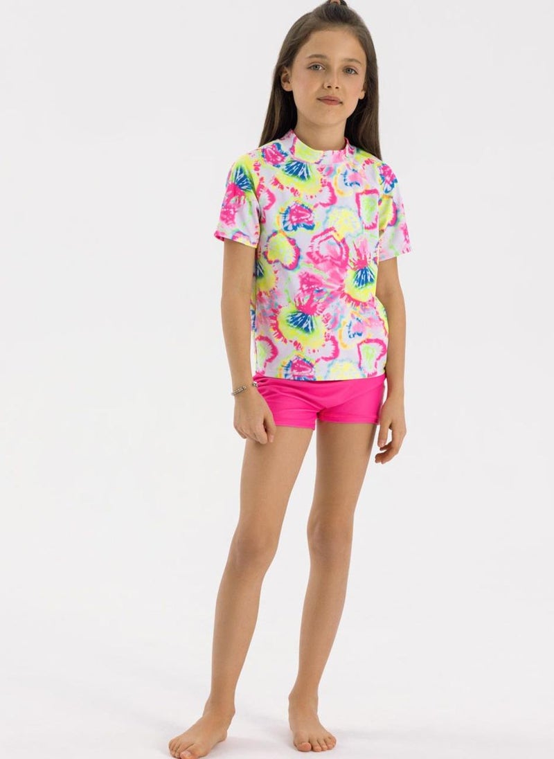 MINOTI Girls' 2-Piece Rash Guard Swimsuit Set – Neon Tie-Dye Top & Shorts - Image 1