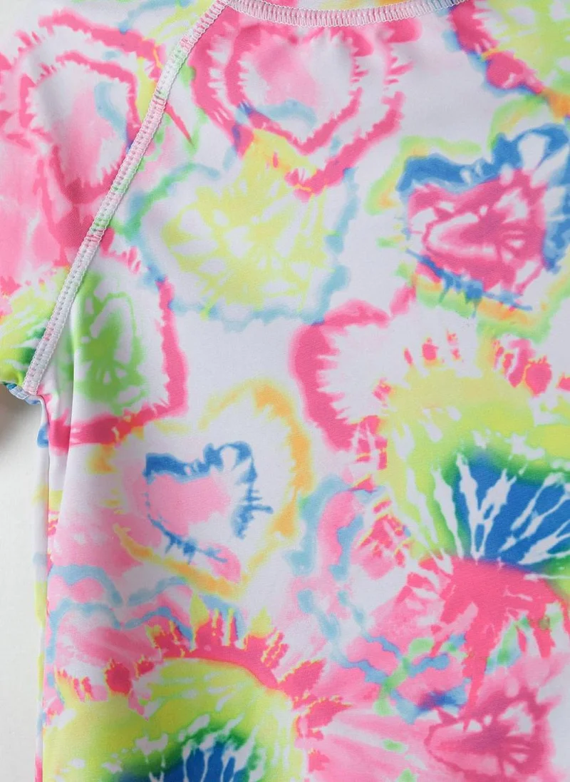 MINOTI Girls' 2-Piece Rash Guard Swimsuit Set – Neon Tie-Dye Top & Shorts
