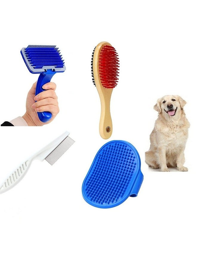 (Combo Of 4) Imported Pet Hair Flea Comb + Slicker + Wooden Brush + Bath Gloves Grooming Kit For All Pets Dog, Cat, Rabbit, Hamster, Puppy