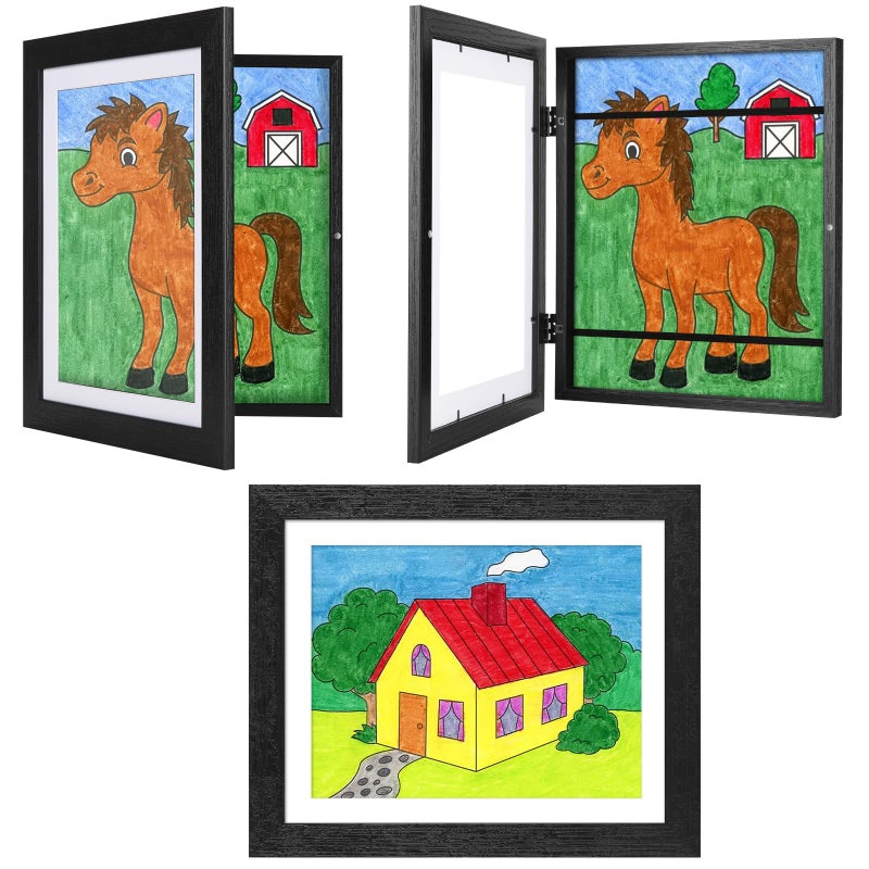JDZIVTOP 3Pack Black Woodgrain Kids Art Frames 10x125 with Mat 85x11 Without Mat Changeable Front Opening Holds Drawings Crafts Artwork
