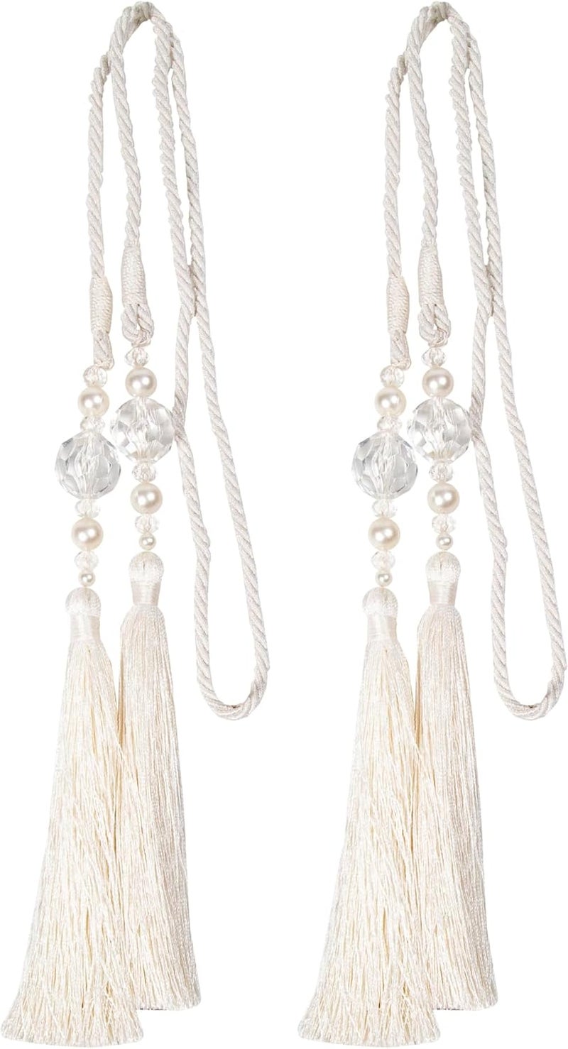 Kenney Small Bead Rope Window Curtain Tieback, White - Image 1