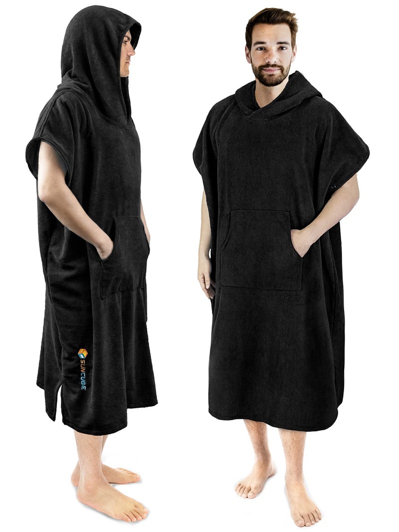 Suncube SUN CUBE Surf Poncho Changing Robe with Hood, Thick Quick Dry Microfiber Wetsuit Changing Towel for Surfing Beach Swim Outdoor Sports Men, Absorbent Wearable Towel Cover Up with Pocket, Black - Image 1