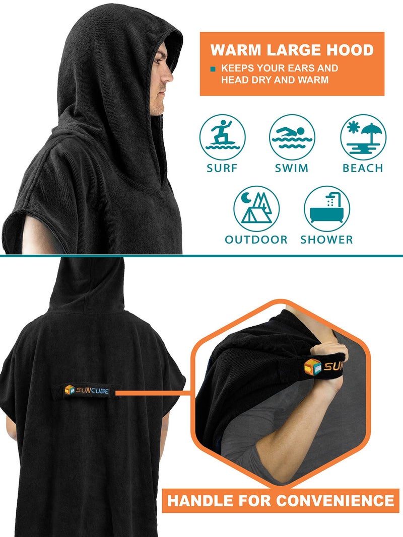 Suncube SUN CUBE Surf Poncho Changing Robe with Hood, Thick Quick Dry Microfiber Wetsuit Changing Towel for Surfing Beach Swim Outdoor Sports Men, Absorbent Wearable Towel Cover Up with Pocket, Black - Image 4