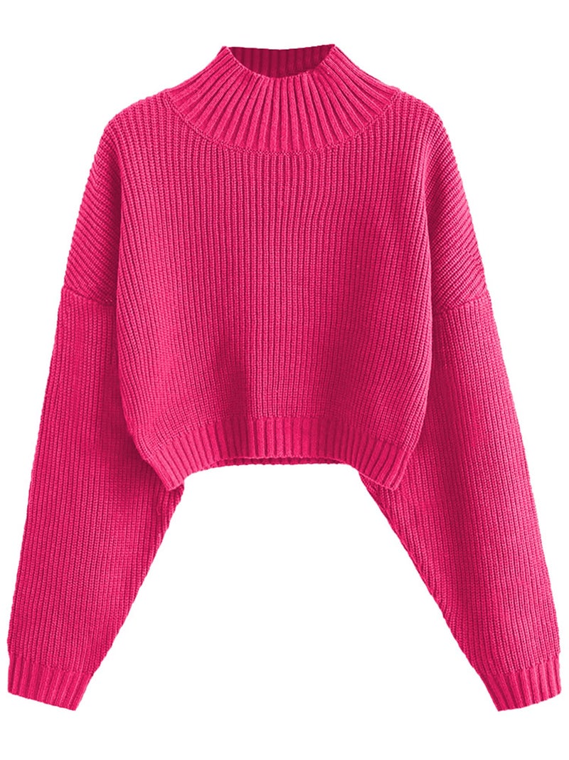 ZAFUL Women's Cropped Turtleneck Sweater Lantern Sleeve Ribbed Knit Pullover Sweater Jumper (1-Rose Red, L) - Image 1