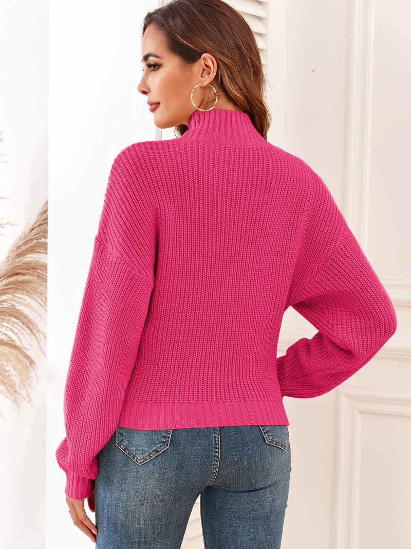 ZAFUL Women's Cropped Turtleneck Sweater Lantern Sleeve Ribbed Knit Pullover Sweater Jumper (1-Rose Red, L) - Image 4