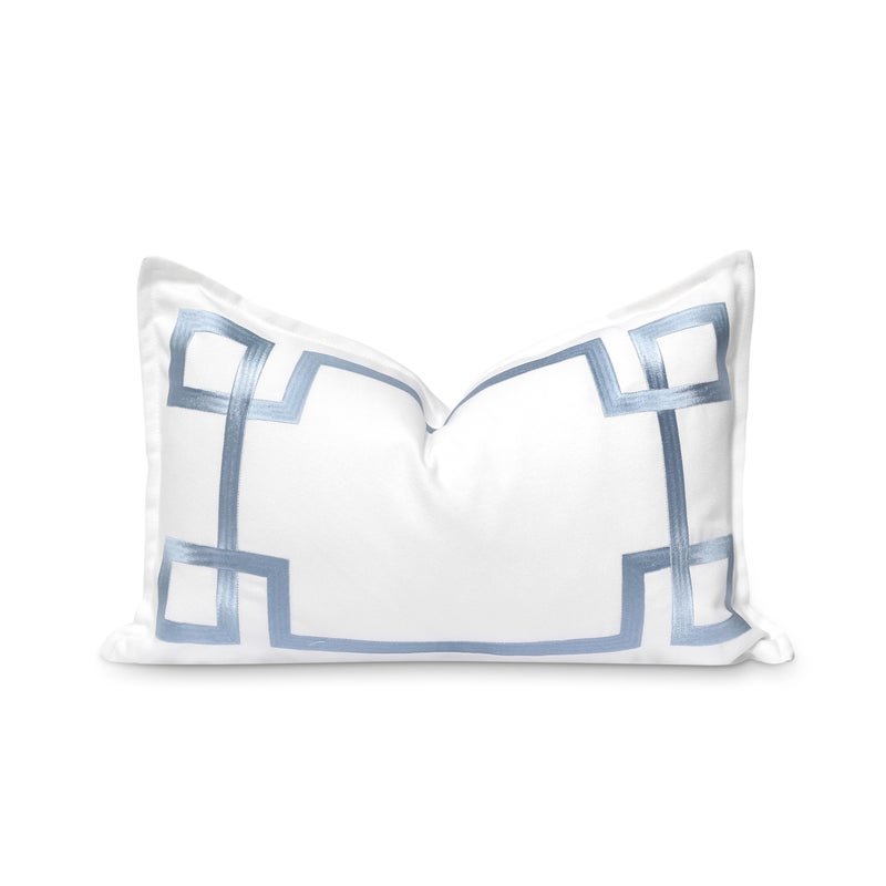 Hofdeco Premium Coastal Patio Indoor Outdoor Lumbar Pillow Cover Only 12x20 Water Repellent for Backyard Couch Baby Blue Embroidered Frame Greek Key - Image 2
