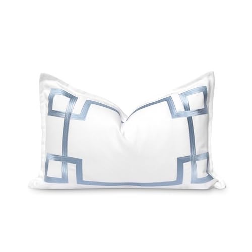 Hofdeco Premium Coastal Patio Indoor Outdoor Lumbar Pillow Cover Only 12x20 Water Repellent for Backyard Couch Baby Blue Embroidered Frame Greek Key - Image 1