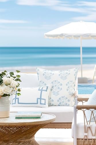 Hofdeco Premium Coastal Patio Indoor Outdoor Lumbar Pillow Cover Only 12x20 Water Repellent for Backyard Couch Baby Blue Embroidered Frame Greek Key - Image 3