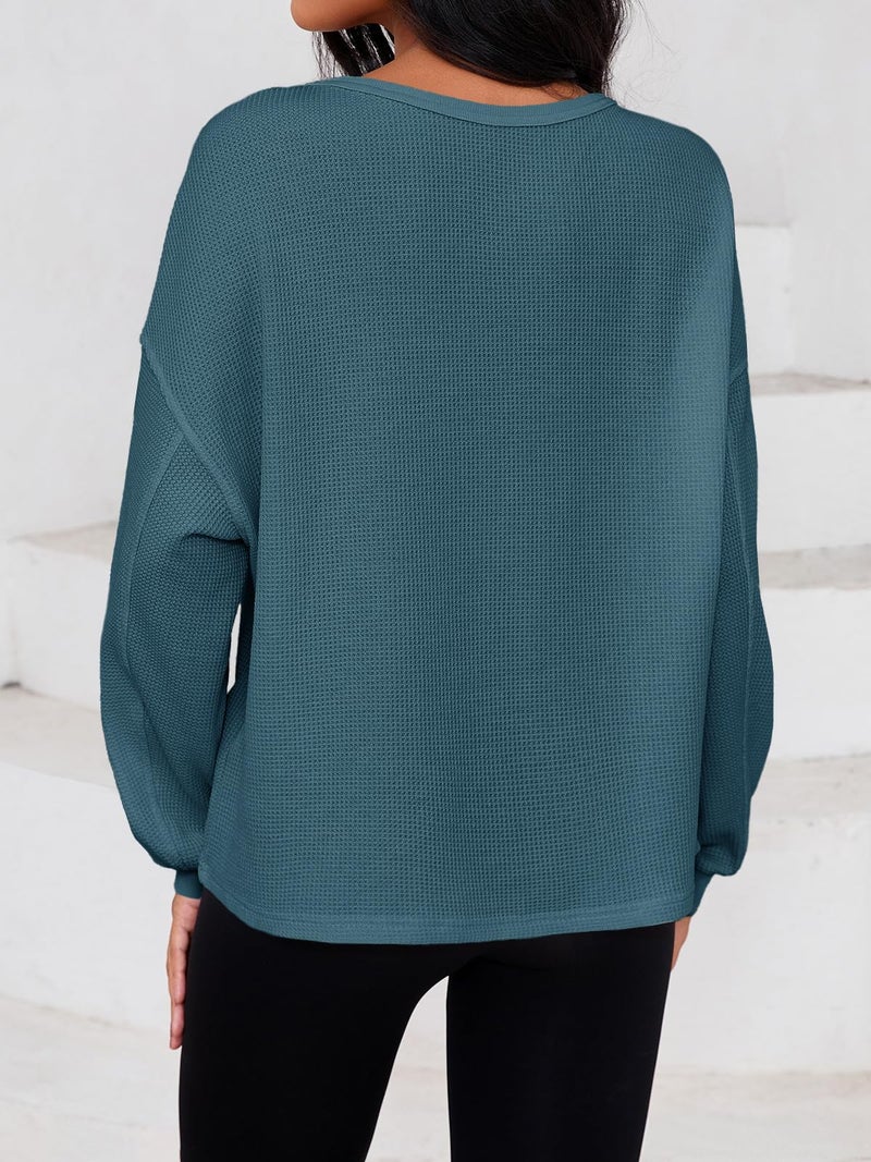 Fisoew Womens Cropped Sweatshirt Casual Waffle Knit Button V Neck Long Sleeve Loose Fit Fall Crop Tops - Image 4