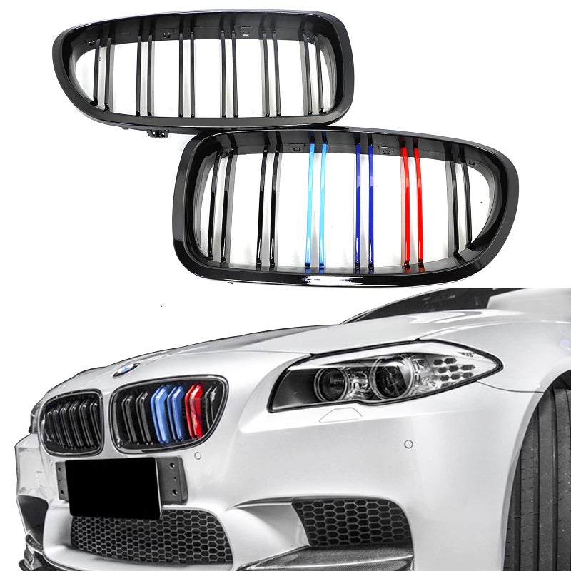 شبكة أمامية XOPIYAO ثلاثية الألوان باللون الأسود اللامع لسيارة BMW 5 Serie F10 F11 F18 من 2010 إلى 2017 مجموعة 2 قطعة شفرات مزدوجة