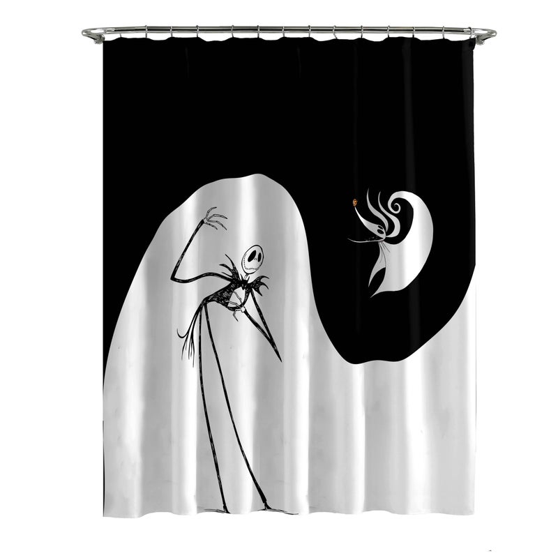 Jay Franco Disney Nightmare Before Christmas Fabric Shower Curtain - Kids Swirl Black and White Bathroom Décor with Jack Skellington and Zero - Image 1