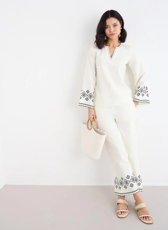 ستايلي Styli Cream Border Print Notch Neck Top and Pants Co-Ords