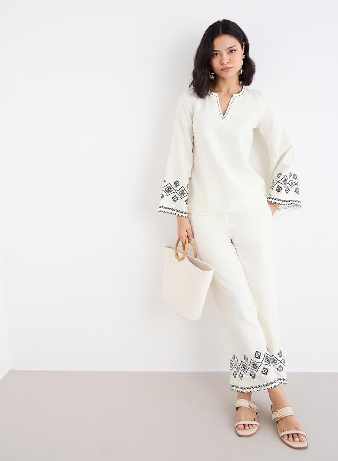 Styli Cream Border Print Notch Neck Top and Pants Co-Ords - Image 1