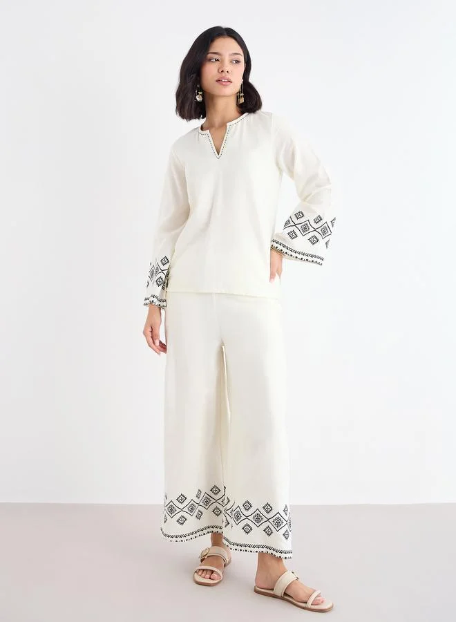 ستايلي Styli Cream Border Print Notch Neck Top and Pants Co-Ords
