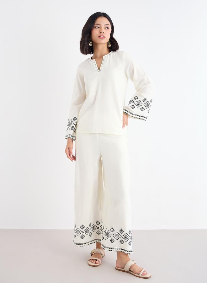 Styli Cream Border Print Notch Neck Top and Pants Co-Ords - Image 2